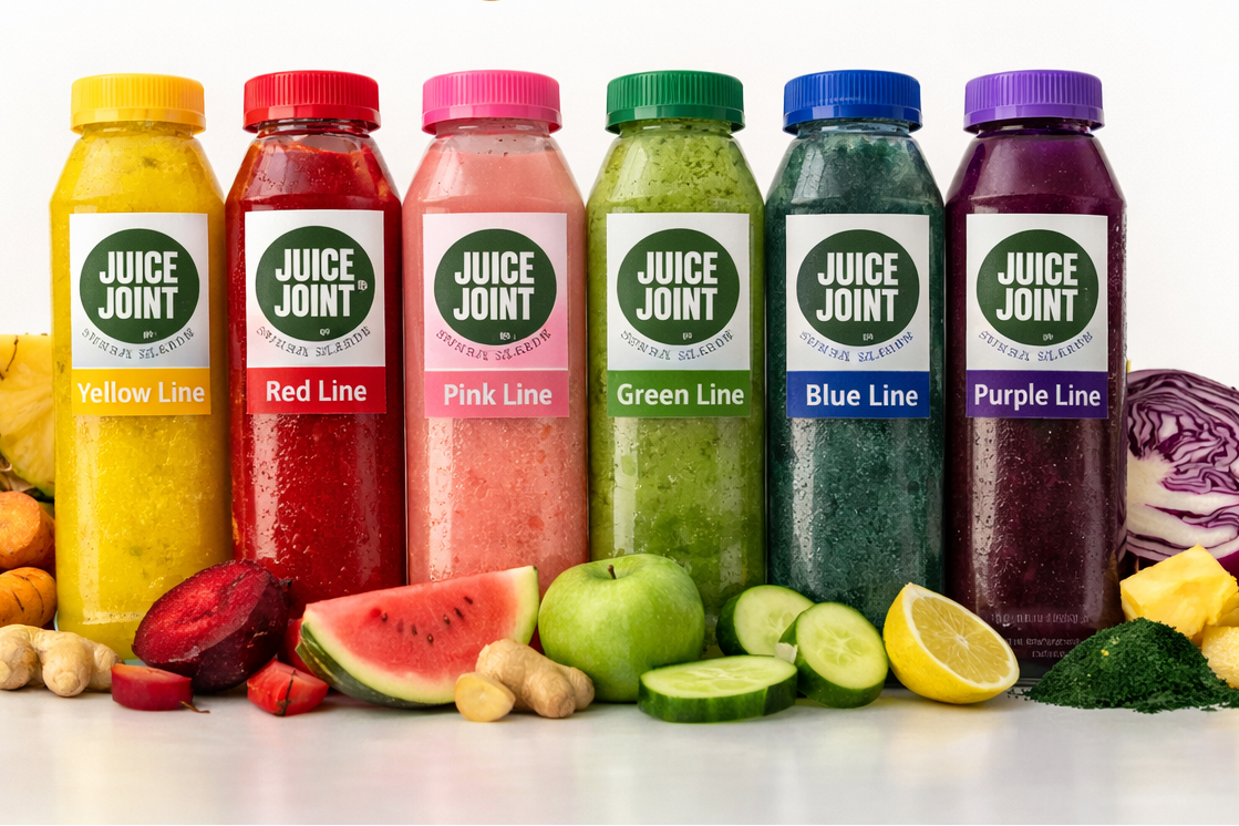 Juice Joint juice bottles with fruits and vegetables on a white background